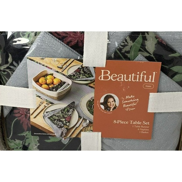 Drew Barrymore Table Runner 6 Napkins Basket Beautiful Gray + Floral 8-Piece Set - Picture 10 of 16
